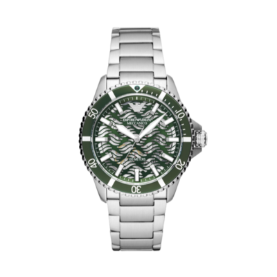 Emporio Armani Diver Automatic Green Dial Silver Steel Strap Watch For Men - AR60061